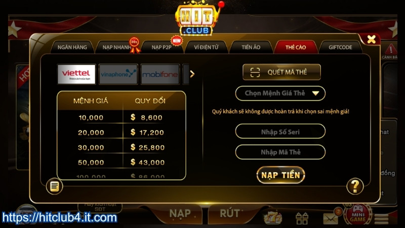 Nạp tiền HITCLUB qua thẻ cào điện thoại