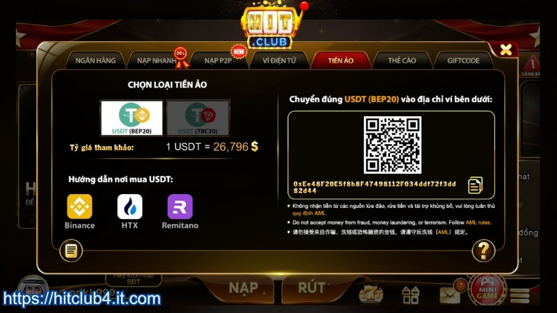 Nạp tiền HITCLUB qua ví tiền ảo